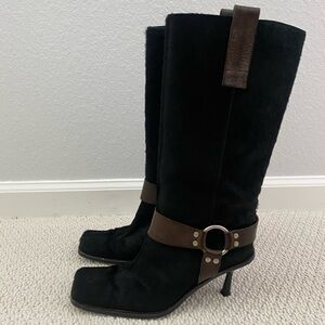 Dolce&Gabbana Black Pony Hair Knee High Biker Boots Buckled Studded Lined SZ 6